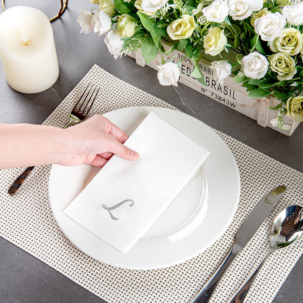 Luxenap Rectangle Silver Letter L White Paper Linen-Feel Guest Towel / Napkin - Air Laid, Cursive Font - 15 3/4" x 8" - 2000 count box