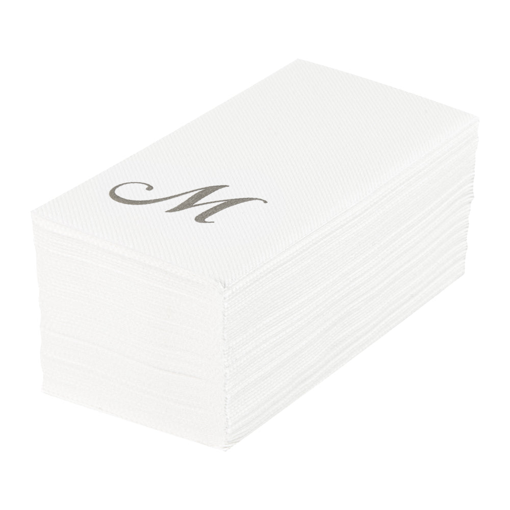 Luxenap Rectangle Silver Letter M White Paper Linen-Feel Guest Towel / Napkin - Air Laid, Cursive Font - 15 3/4" x 8" - 2000 count box
