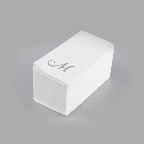 Luxenap Rectangle Silver Letter M White Paper Linen-Feel Guest Towel / Napkin - Air Laid, Cursive Font - 15 3/4" x 8" - 50 count box