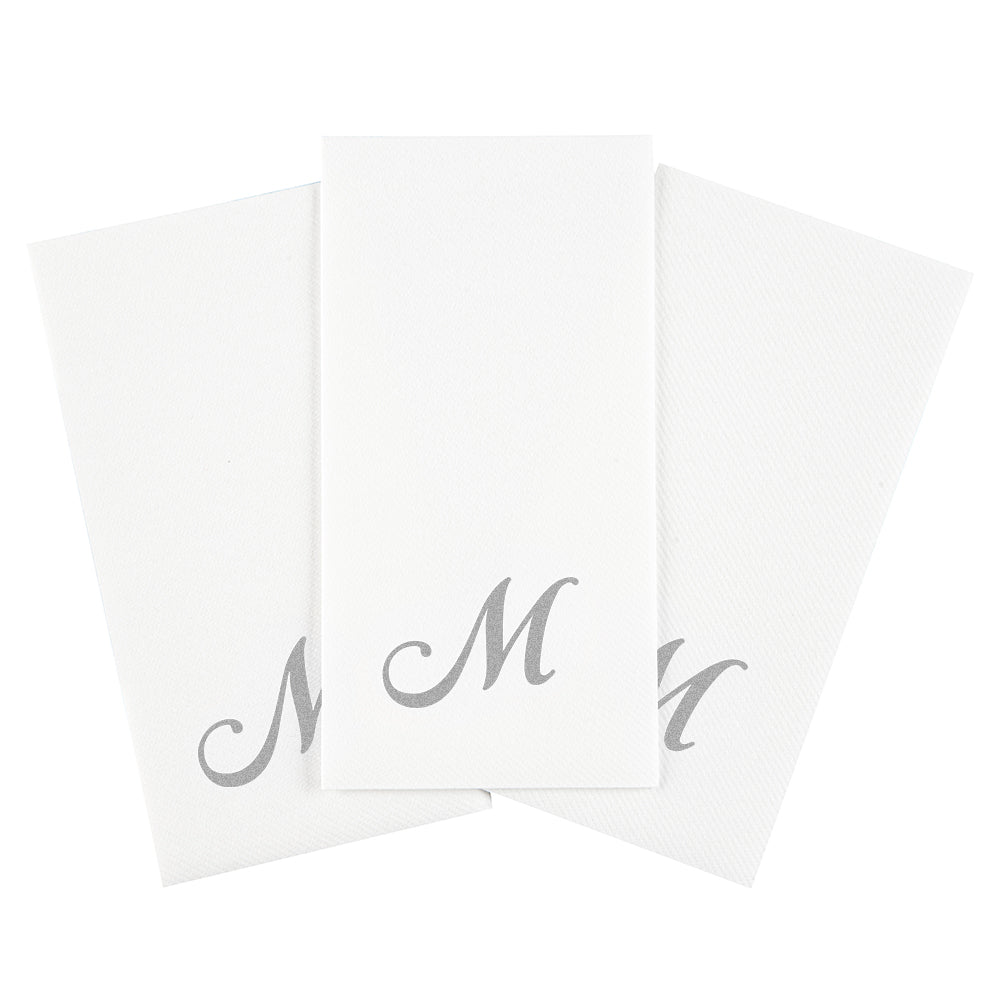 Luxenap Rectangle Silver Letter M White Paper Linen-Feel Guest Towel / Napkin - Air Laid, Cursive Font - 15 3/4" x 8" - 2000 count box