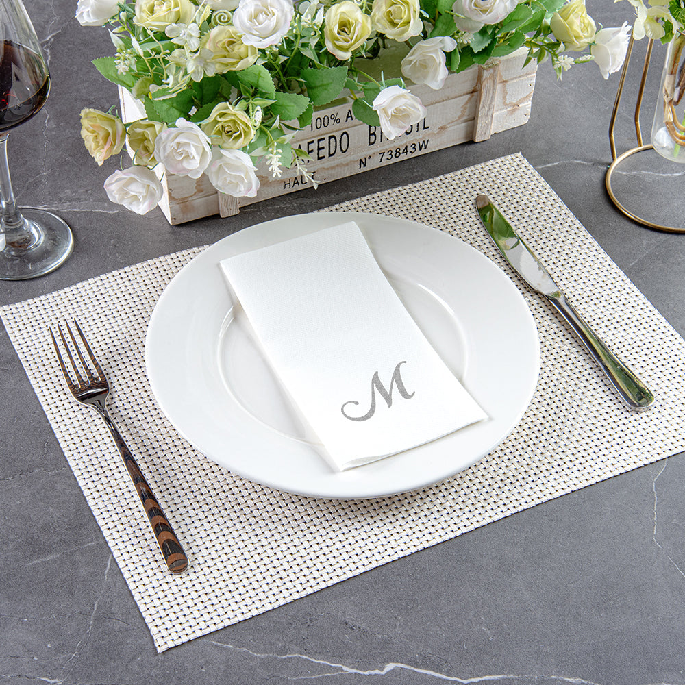 Luxenap Rectangle Silver Letter M White Paper Linen-Feel Guest Towel / Napkin - Air Laid, Cursive Font - 15 3/4" x 8" - 2000 count box