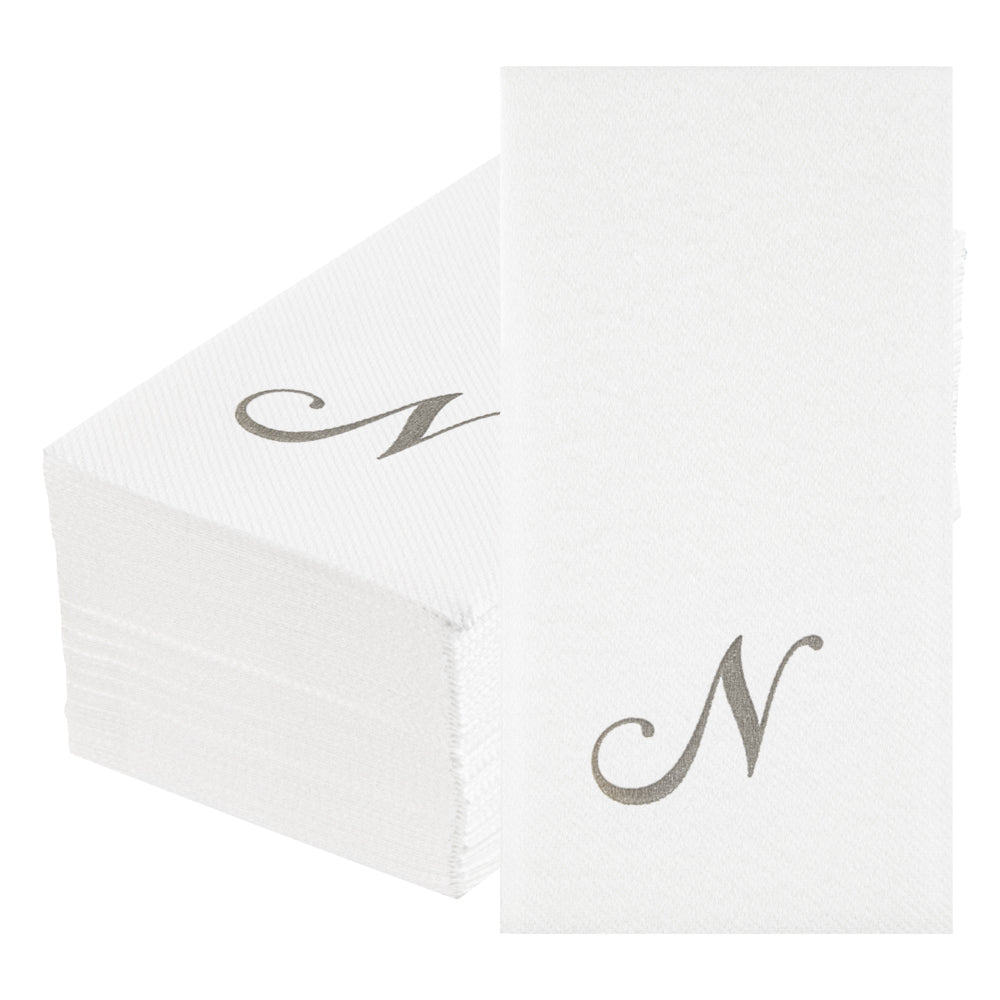 Luxenap Rectangle Silver Letter N White Paper Linen-Feel Guest Towel / Napkin - Air Laid, Cursive Font - 15 3/4" x 8" - 2000 count box