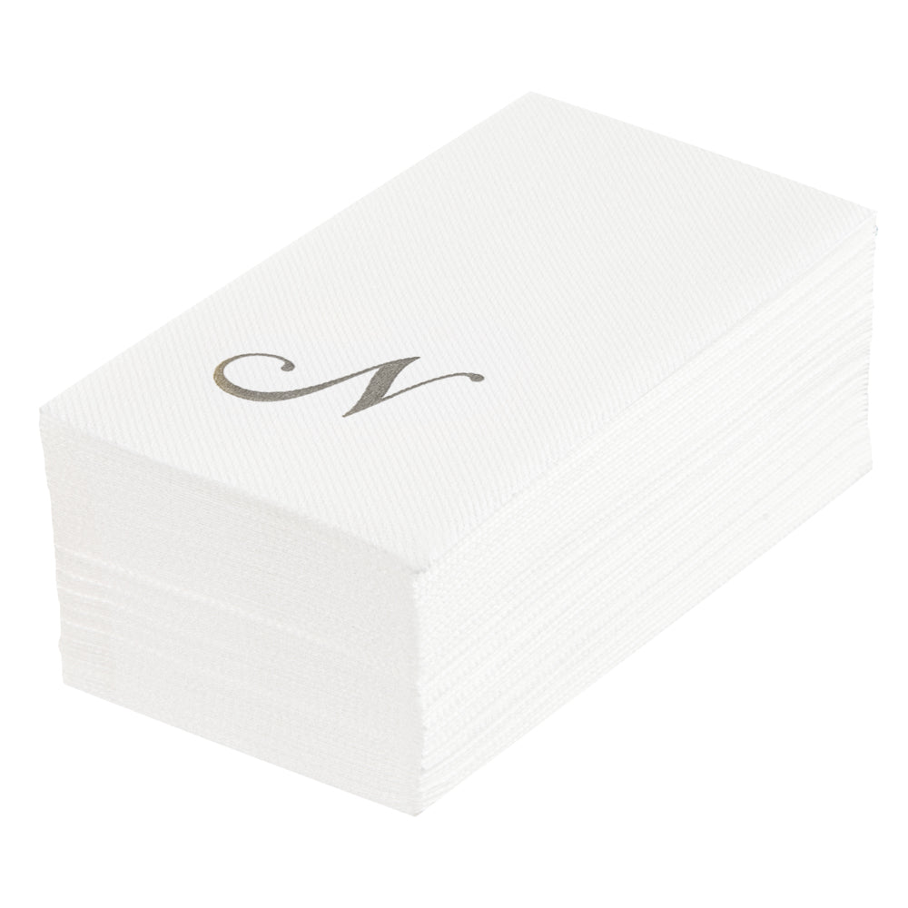 Luxenap Rectangle Silver Letter N White Paper Linen-Feel Guest Towel / Napkin - Air Laid, Cursive Font - 15 3/4" x 8" - 2000 count box
