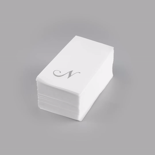 Luxenap Rectangle Silver Letter N White Paper Linen-Feel Guest Towel / Napkin - Air Laid, Cursive Font - 15 3/4" x 8" - 2000 count box