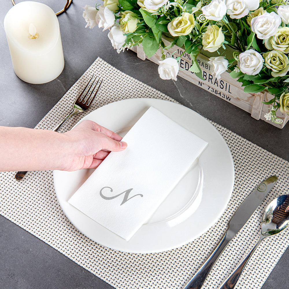 Luxenap Rectangle Silver Letter N White Paper Linen-Feel Guest Towel / Napkin - Air Laid, Cursive Font - 15 3/4" x 8" - 2000 count box