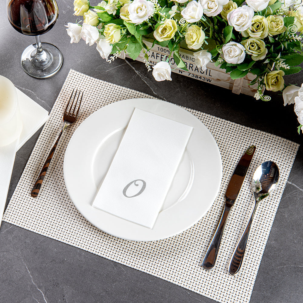 Luxenap Rectangle Silver Letter O White Paper Linen-Feel Guest Towel / Napkin - Air Laid, Cursive Font - 15 3/4" x 8" - 50 count box