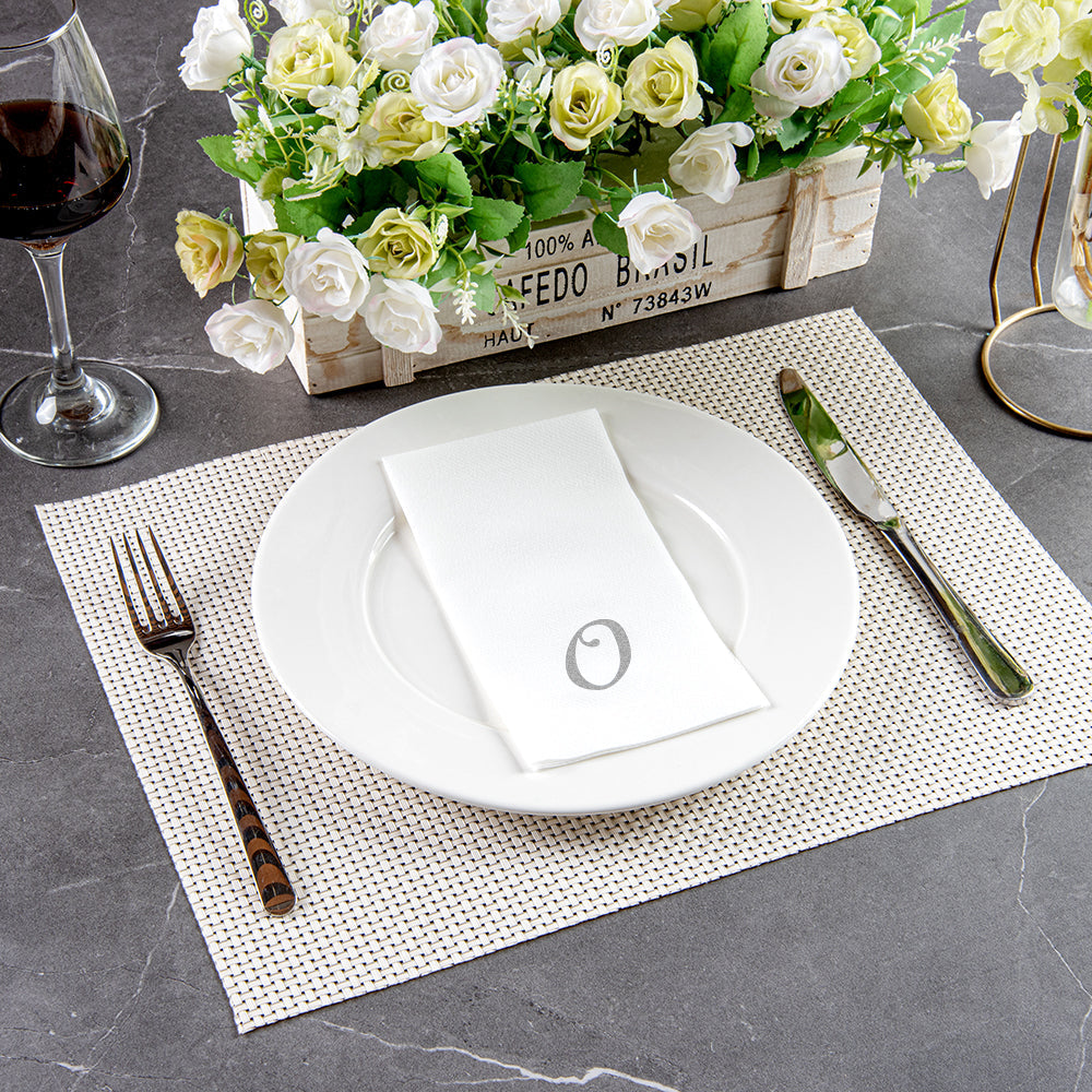 Luxenap Rectangle Silver Letter O White Paper Linen-Feel Guest Towel / Napkin - Air Laid, Cursive Font - 15 3/4" x 8" - 50 count box