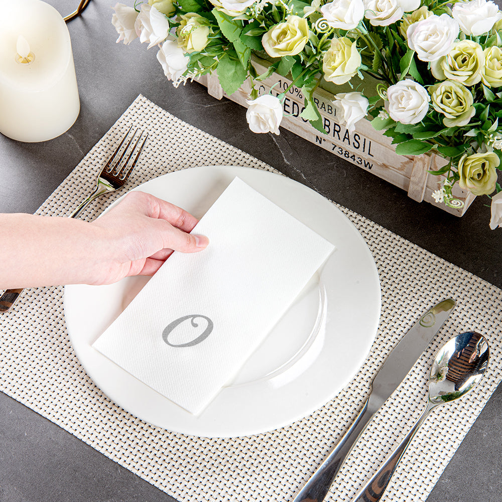 Luxenap Rectangle Silver Letter O White Paper Linen-Feel Guest Towel / Napkin - Air Laid, Cursive Font - 15 3/4" x 8" - 2000 count box