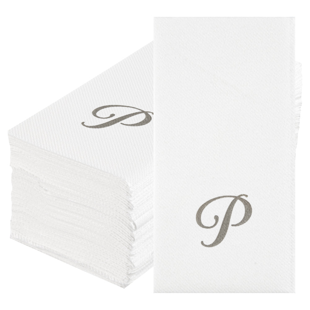 Luxenap Rectangle Silver Letter P White Paper Linen-Feel Guest Towel / Napkin - Air Laid, Cursive Font - 15 3/4" x 8" - 2000 count box