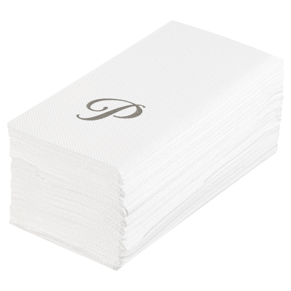 Luxenap Rectangle Silver Letter P White Paper Linen-Feel Guest Towel / Napkin - Air Laid, Cursive Font - 15 3/4" x 8" - 2000 count box