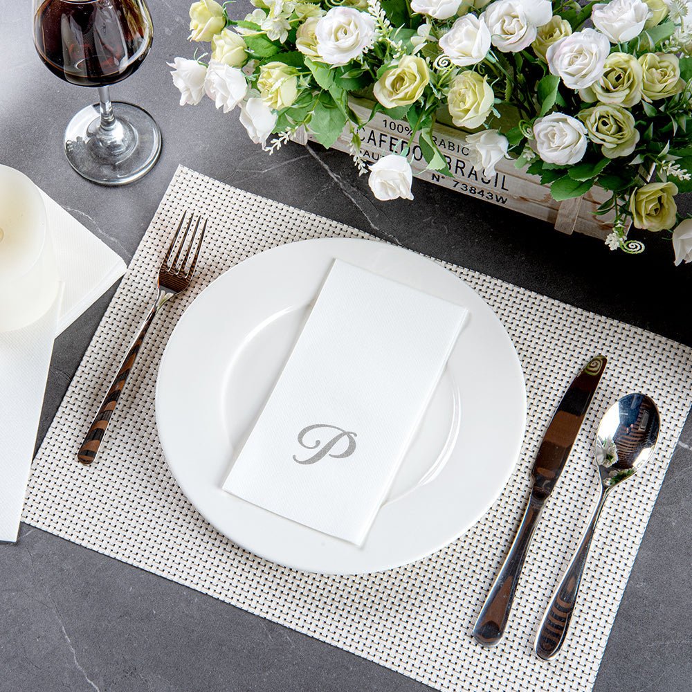 Luxenap Rectangle Silver Letter P White Paper Linen-Feel Guest Towel / Napkin - Air Laid, Cursive Font - 15 3/4" x 8" - 50 count box
