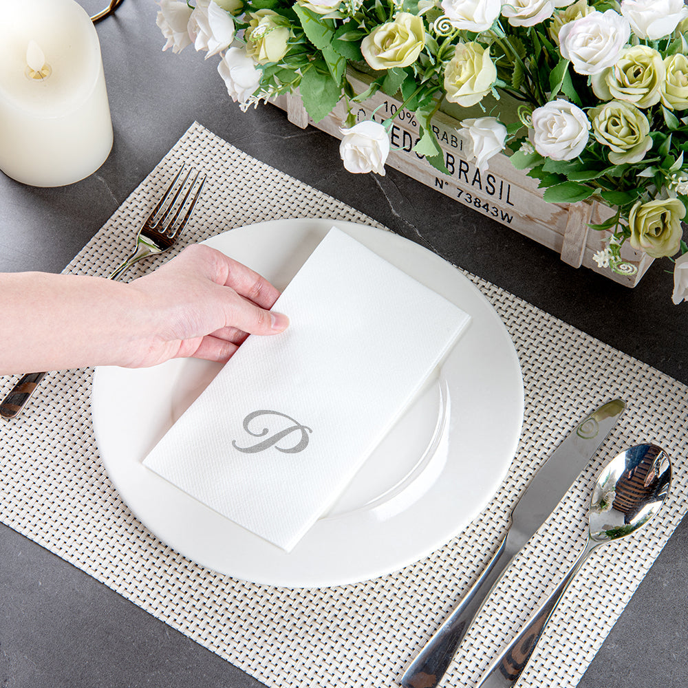 Luxenap Rectangle Silver Letter P White Paper Linen-Feel Guest Towel / Napkin - Air Laid, Cursive Font - 15 3/4" x 8" - 2000 count box