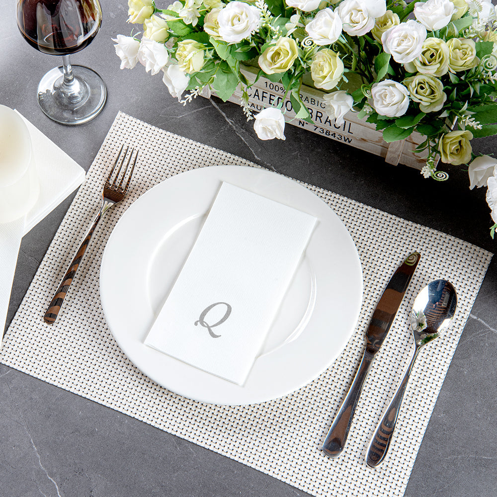 Luxenap Rectangle Silver Letter Q White Paper Linen-Feel Guest Towel / Napkin - Air Laid, Cursive Font - 15 3/4" x 8" - 50 count box