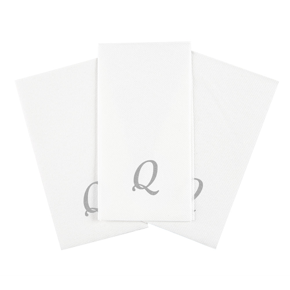 Luxenap Rectangle Silver Letter Q White Paper Linen-Feel Guest Towel / Napkin - Air Laid, Cursive Font - 15 3/4" x 8" - 50 count box