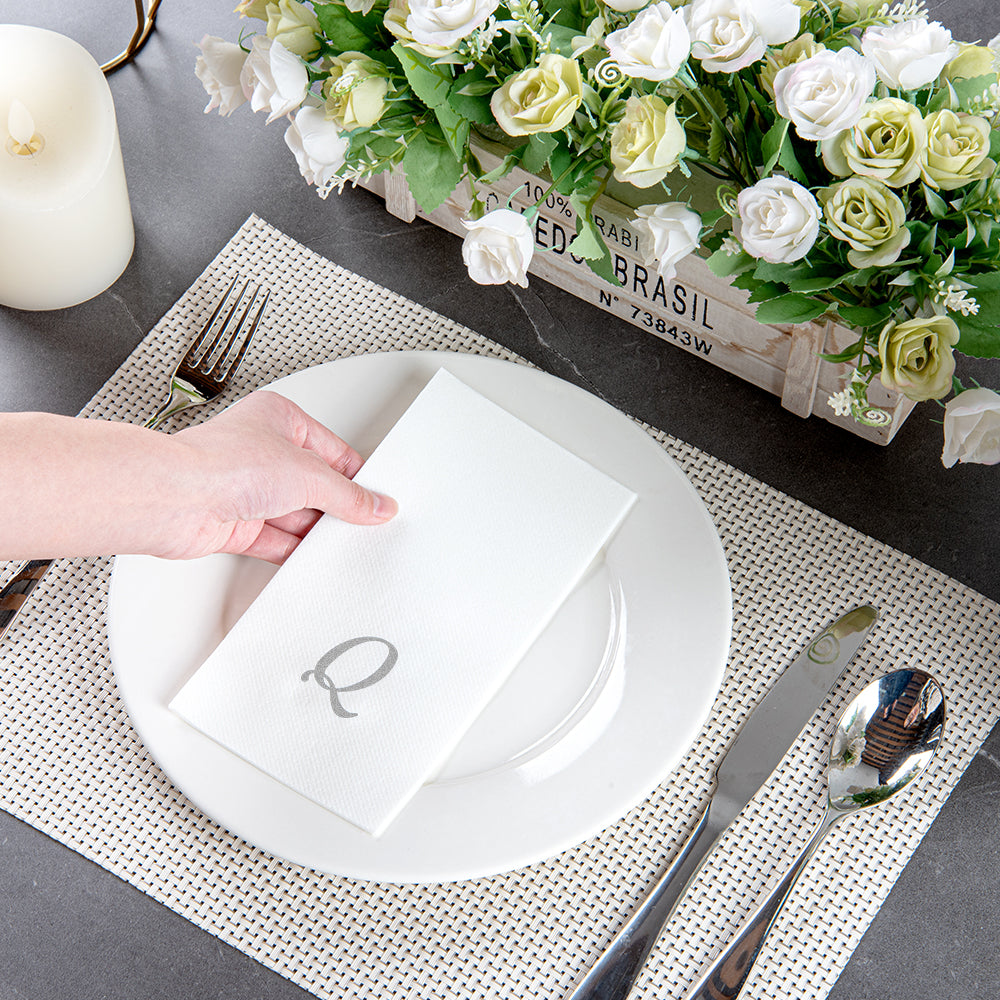 Luxenap Rectangle Silver Letter Q White Paper Linen-Feel Guest Towel / Napkin - Air Laid, Cursive Font - 15 3/4" x 8" - 50 count box