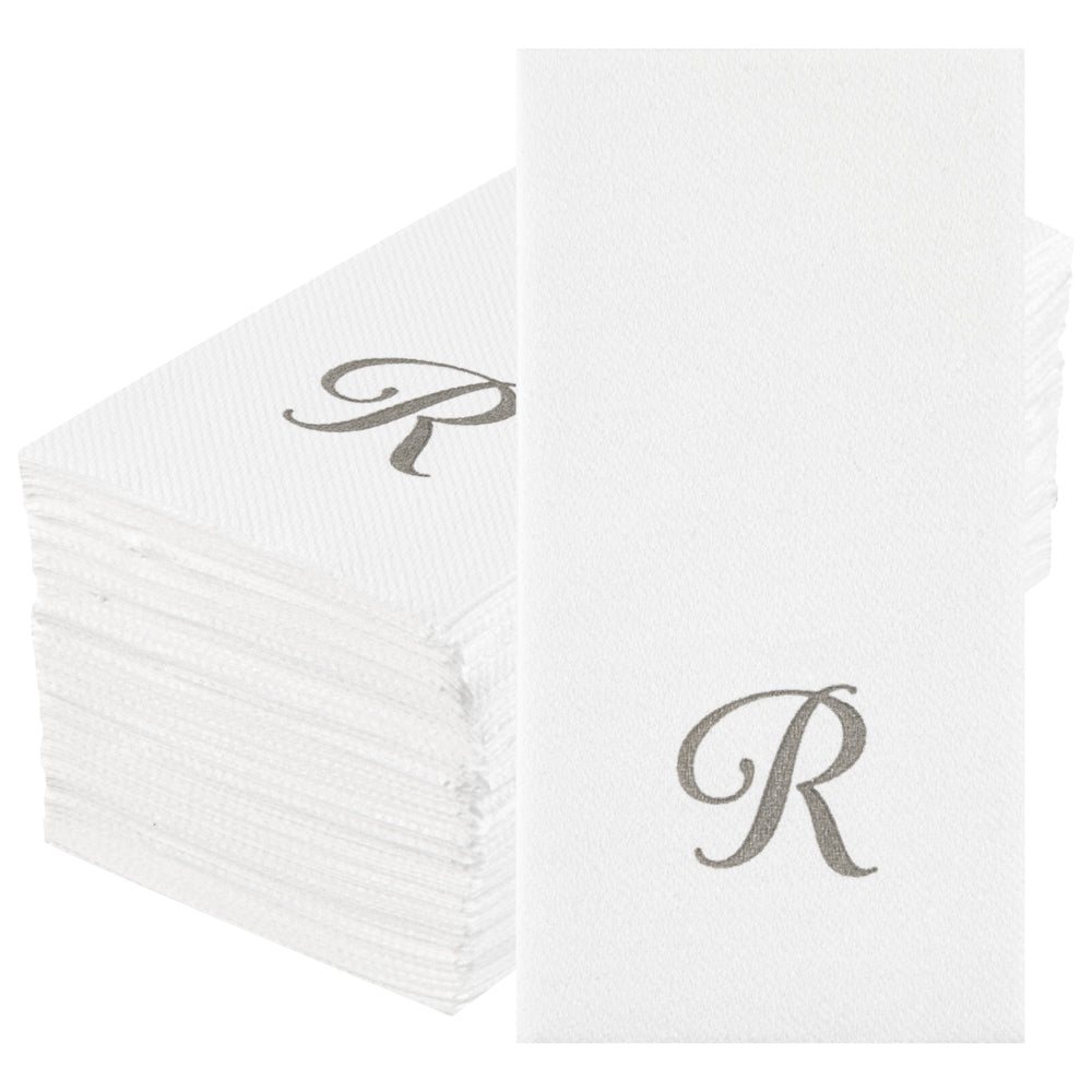 Luxenap Rectangle Silver Letter R White Paper Linen-Feel Guest Towel / Napkin - Air Laid, Cursive Font - 15 3/4" x 8" - 2000 count box