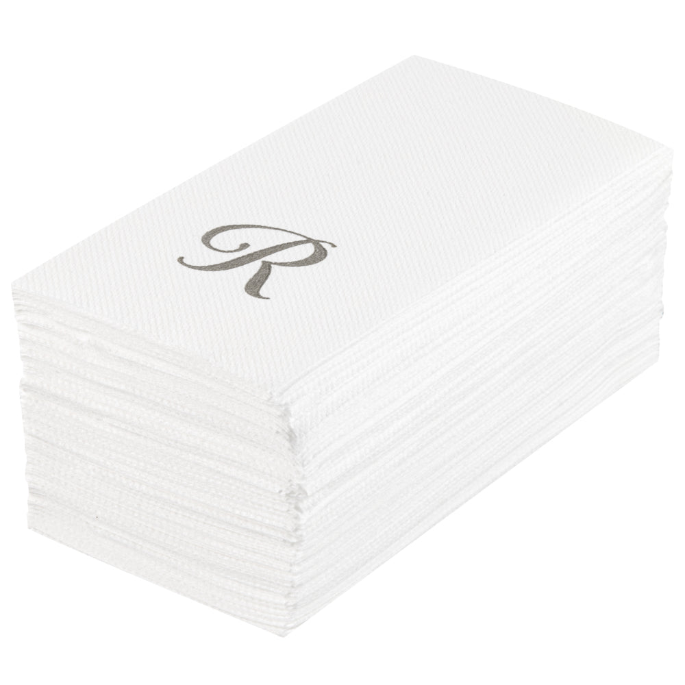 Luxenap Rectangle Silver Letter R White Paper Linen-Feel Guest Towel / Napkin - Air Laid, Cursive Font - 15 3/4" x 8" - 50 count box