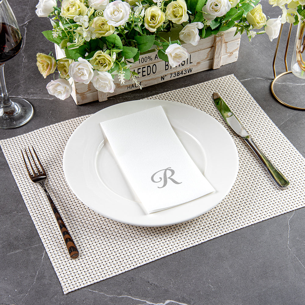 Luxenap Rectangle Silver Letter R White Paper Linen-Feel Guest Towel / Napkin - Air Laid, Cursive Font - 15 3/4" x 8" - 50 count box