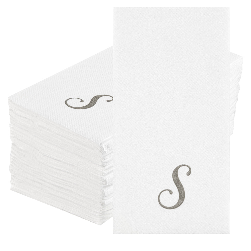 Luxenap Rectangle Silver Letter S White Paper Linen-Feel Guest Towel / Napkin - Air Laid, Cursive Font - 15 3/4" x 8" - 50 count box