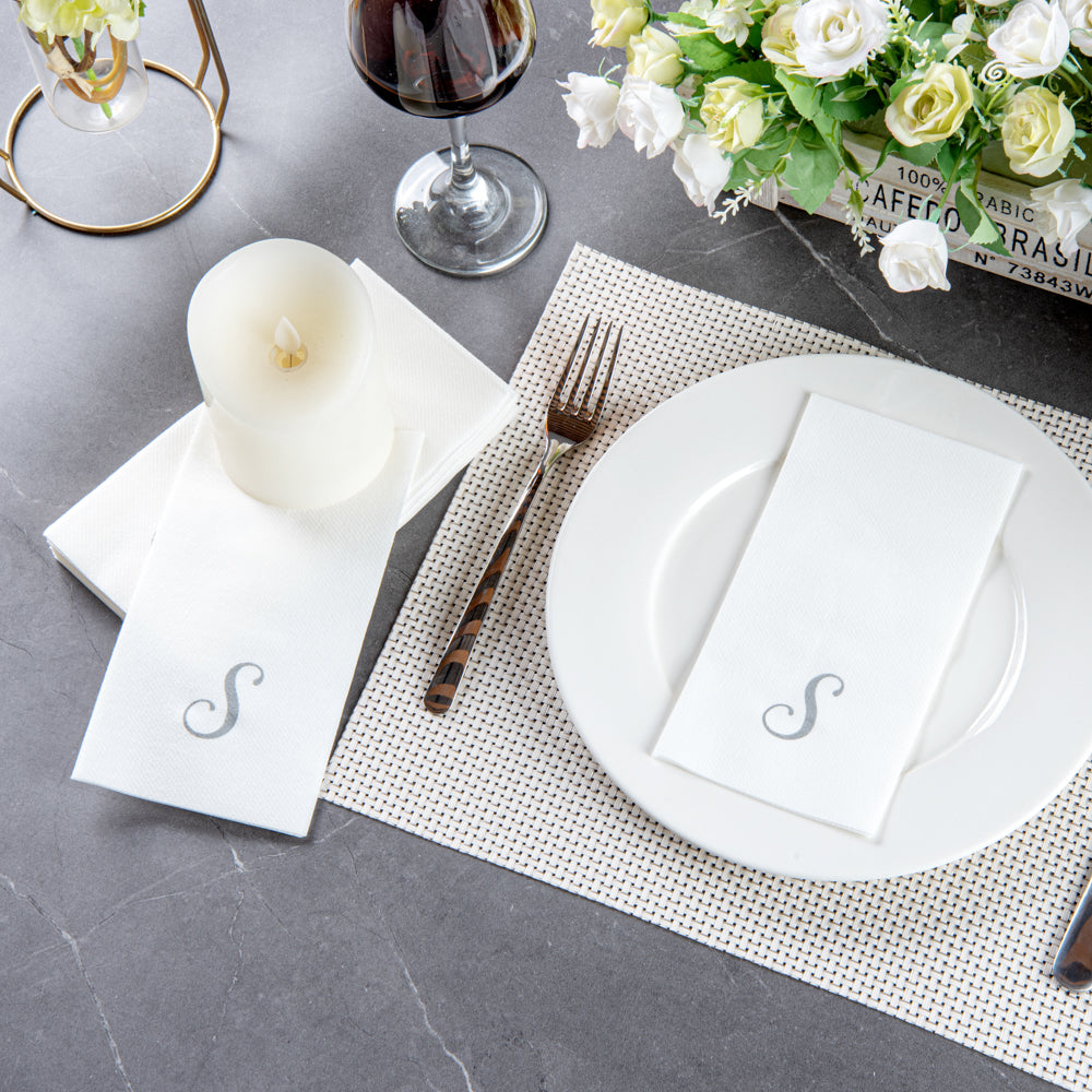 Luxenap Rectangle Silver Letter S White Paper Linen-Feel Guest Towel / Napkin - Air Laid, Cursive Font - 15 3/4" x 8" - 50 count box