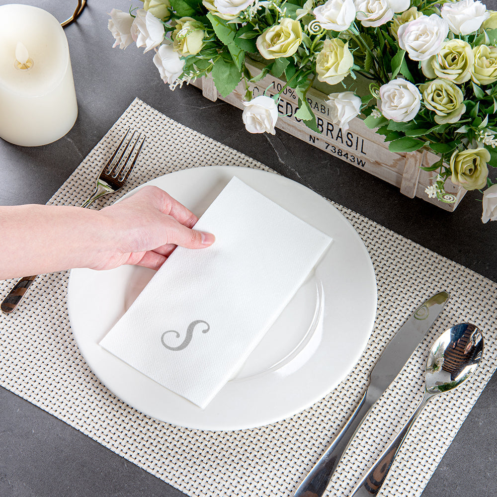 Luxenap Rectangle Silver Letter S White Paper Linen-Feel Guest Towel / Napkin - Air Laid, Cursive Font - 15 3/4" x 8" - 50 count box