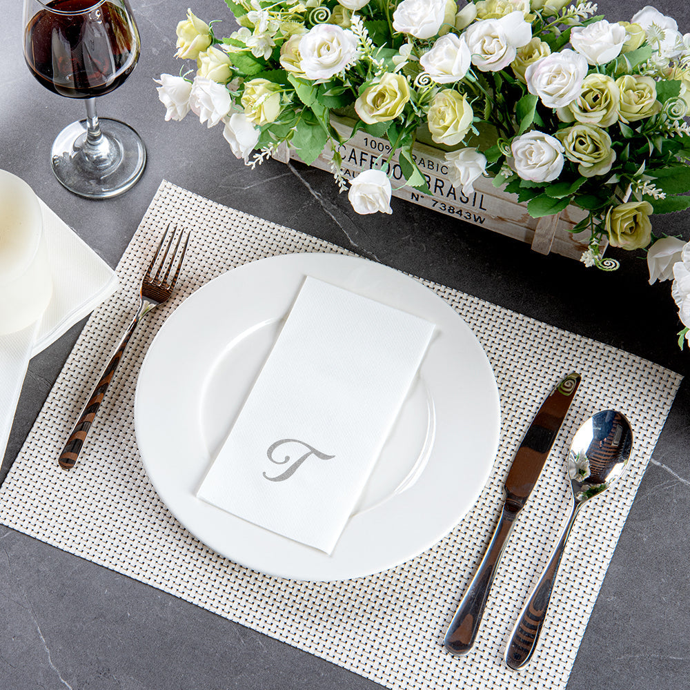 Luxenap Rectangle Silver Letter T White Paper Linen-Feel Guest Towel / Napkin - Air Laid, Cursive Font - 15 3/4" x 8" - 2000 count box