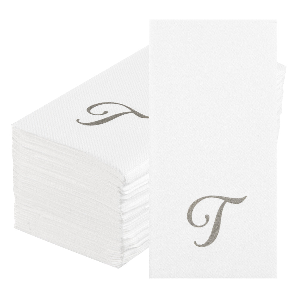 Luxenap Rectangle Silver Letter T White Paper Linen-Feel Guest Towel / Napkin - Air Laid, Cursive Font - 15 3/4" x 8" - 50 count box