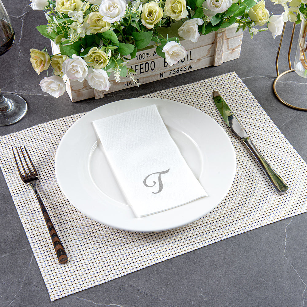 Luxenap Rectangle Silver Letter T White Paper Linen-Feel Guest Towel / Napkin - Air Laid, Cursive Font - 15 3/4" x 8" - 2000 count box
