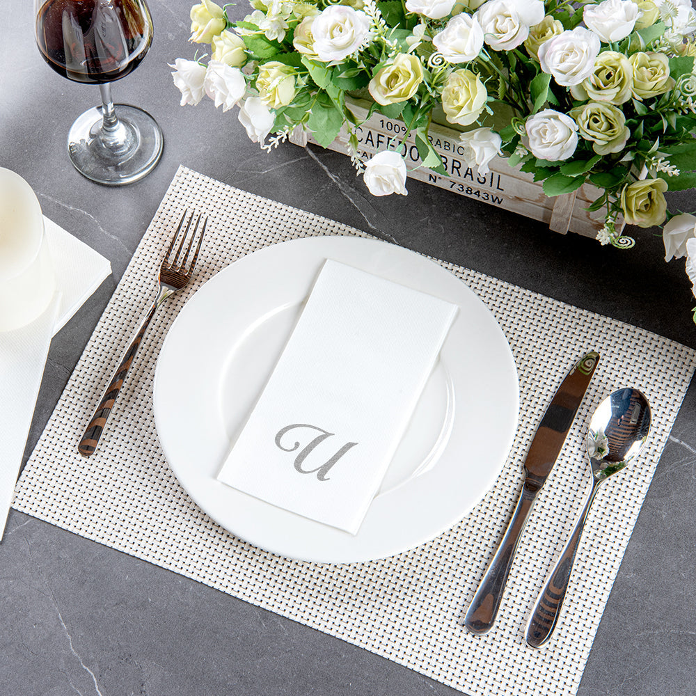 Luxenap Rectangle Silver Letter U White Paper Linen-Feel Guest Towel / Napkin - Air Laid, Cursive Font - 15 3/4" x 8" - 2000 count box