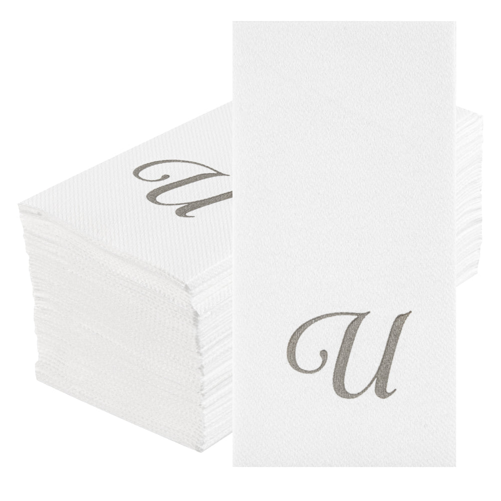 Luxenap Rectangle Silver Letter U White Paper Linen-Feel Guest Towel / Napkin - Air Laid, Cursive Font - 15 3/4" x 8" - 50 count box