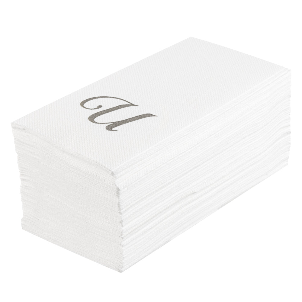 Luxenap Rectangle Silver Letter U White Paper Linen-Feel Guest Towel / Napkin - Air Laid, Cursive Font - 15 3/4" x 8" - 50 count box