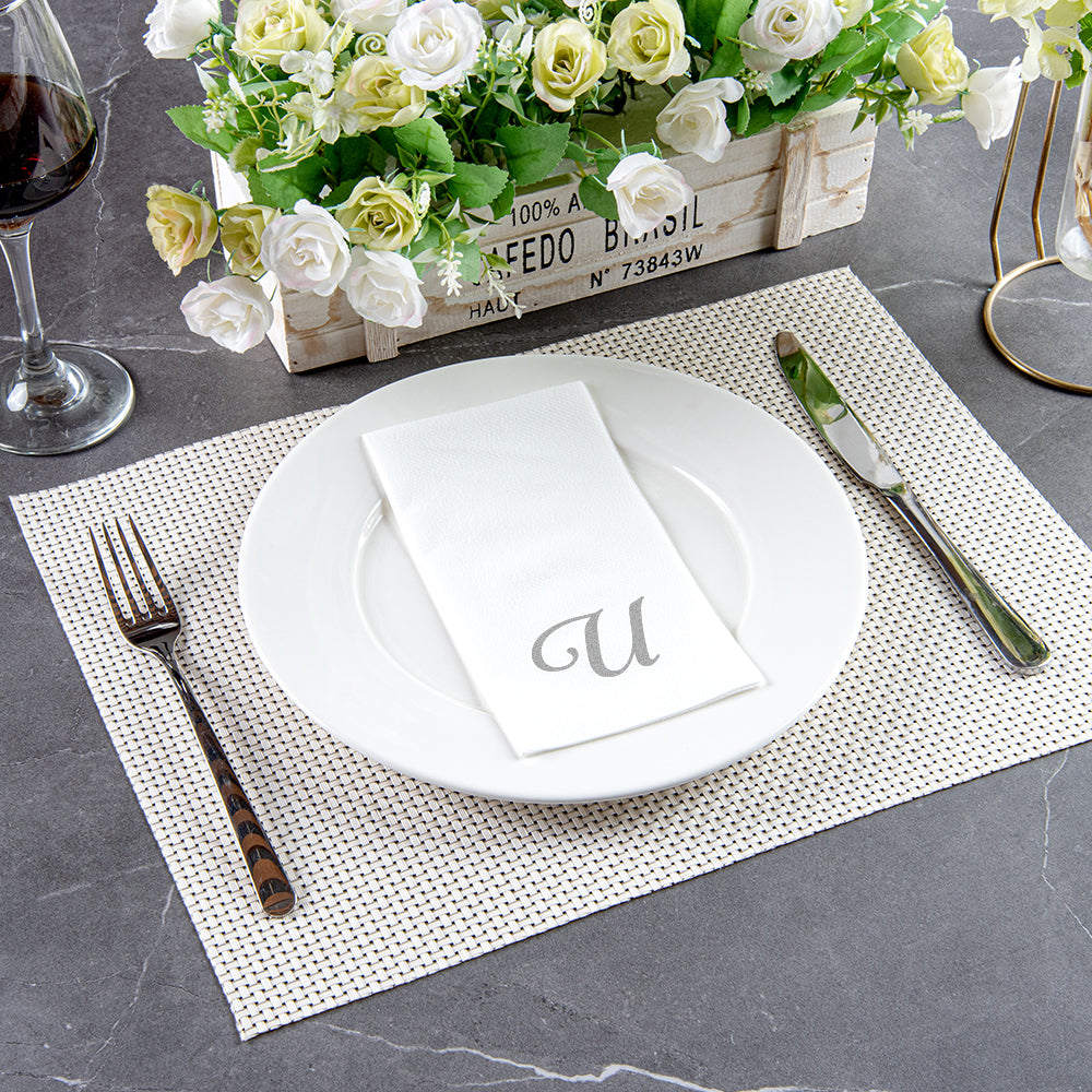 Luxenap Rectangle Silver Letter U White Paper Linen-Feel Guest Towel / Napkin - Air Laid, Cursive Font - 15 3/4" x 8" - 2000 count box
