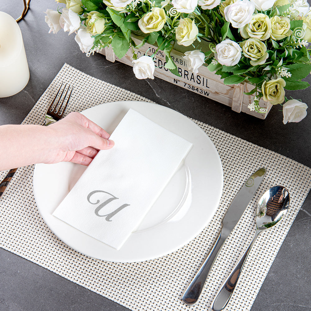 Luxenap Rectangle Silver Letter U White Paper Linen-Feel Guest Towel / Napkin - Air Laid, Cursive Font - 15 3/4" x 8" - 2000 count box