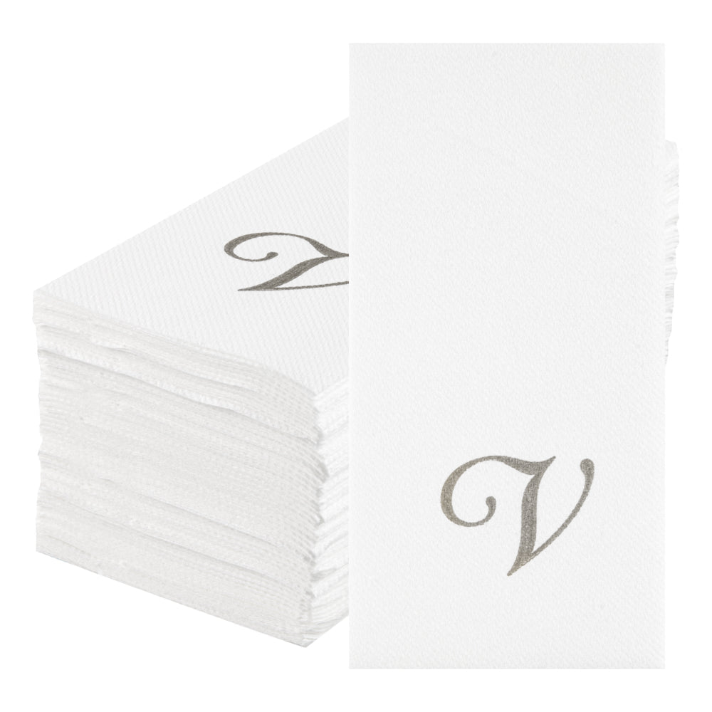 Luxenap Rectangle Silver Letter V White Paper Linen-Feel Guest Towel / Napkin - Air Laid, Cursive Font - 15 3/4" x 8" - 50 count box