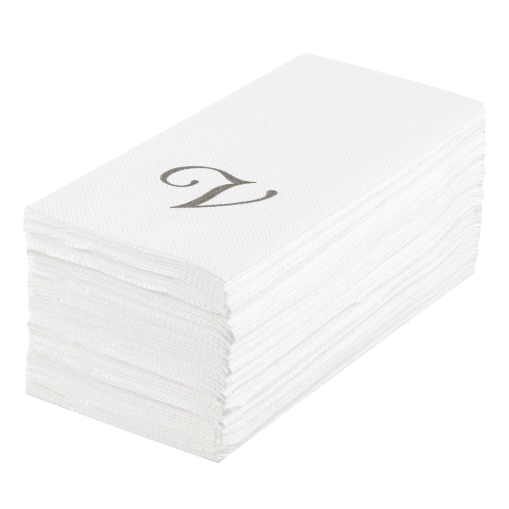 Luxenap Rectangle Silver Letter V White Paper Linen-Feel Guest Towel / Napkin - Air Laid, Cursive Font - 15 3/4" x 8" - 50 count box