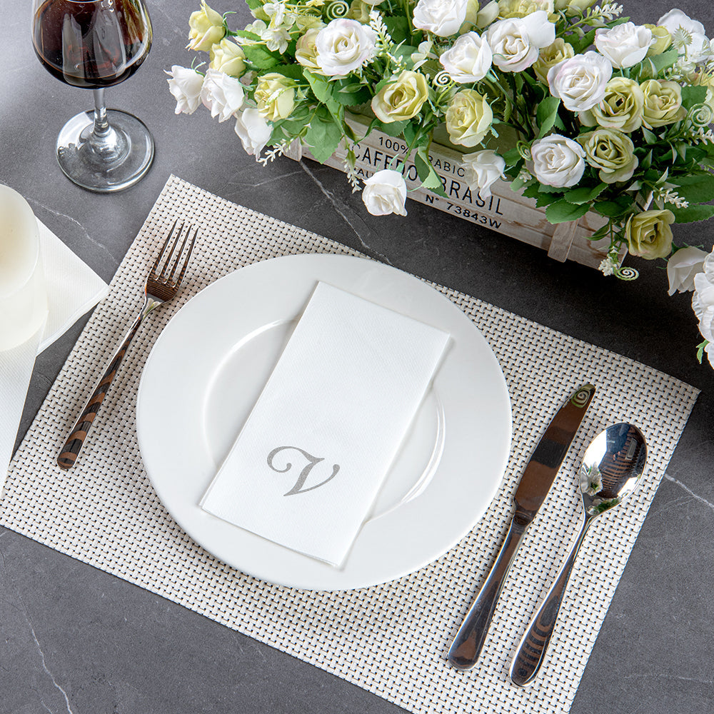 Luxenap Rectangle Silver Letter V White Paper Linen-Feel Guest Towel / Napkin - Air Laid, Cursive Font - 15 3/4" x 8" - 50 count box