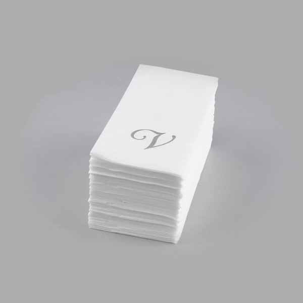 Luxenap Rectangle Silver Letter V White Paper Linen-Feel Guest Towel / Napkin - Air Laid, Cursive Font - 15 3/4" x 8" - 50 count box