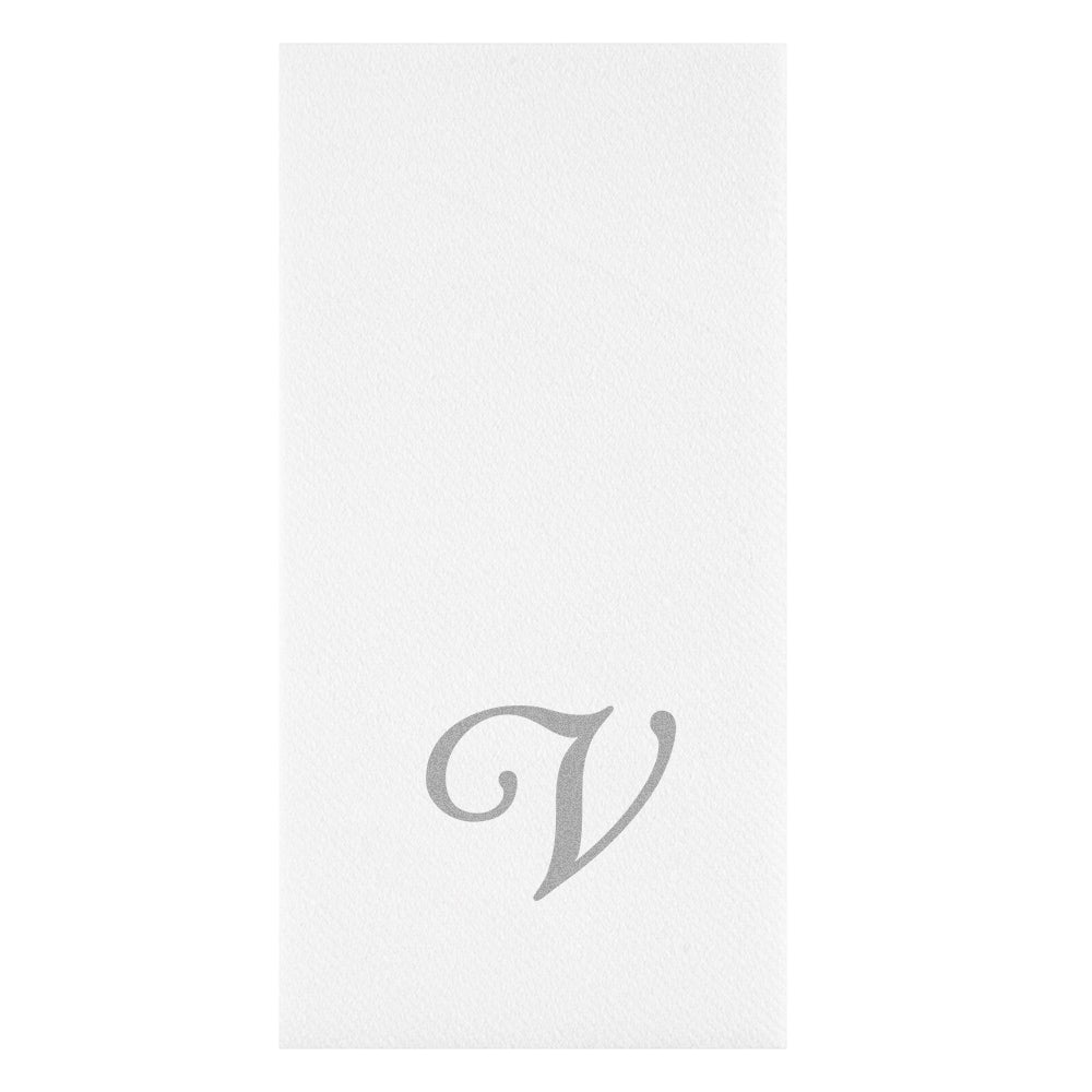 Luxenap Rectangle Silver Letter V White Paper Linen-Feel Guest Towel / Napkin - Air Laid, Cursive Font - 15 3/4" x 8" - 50 count box