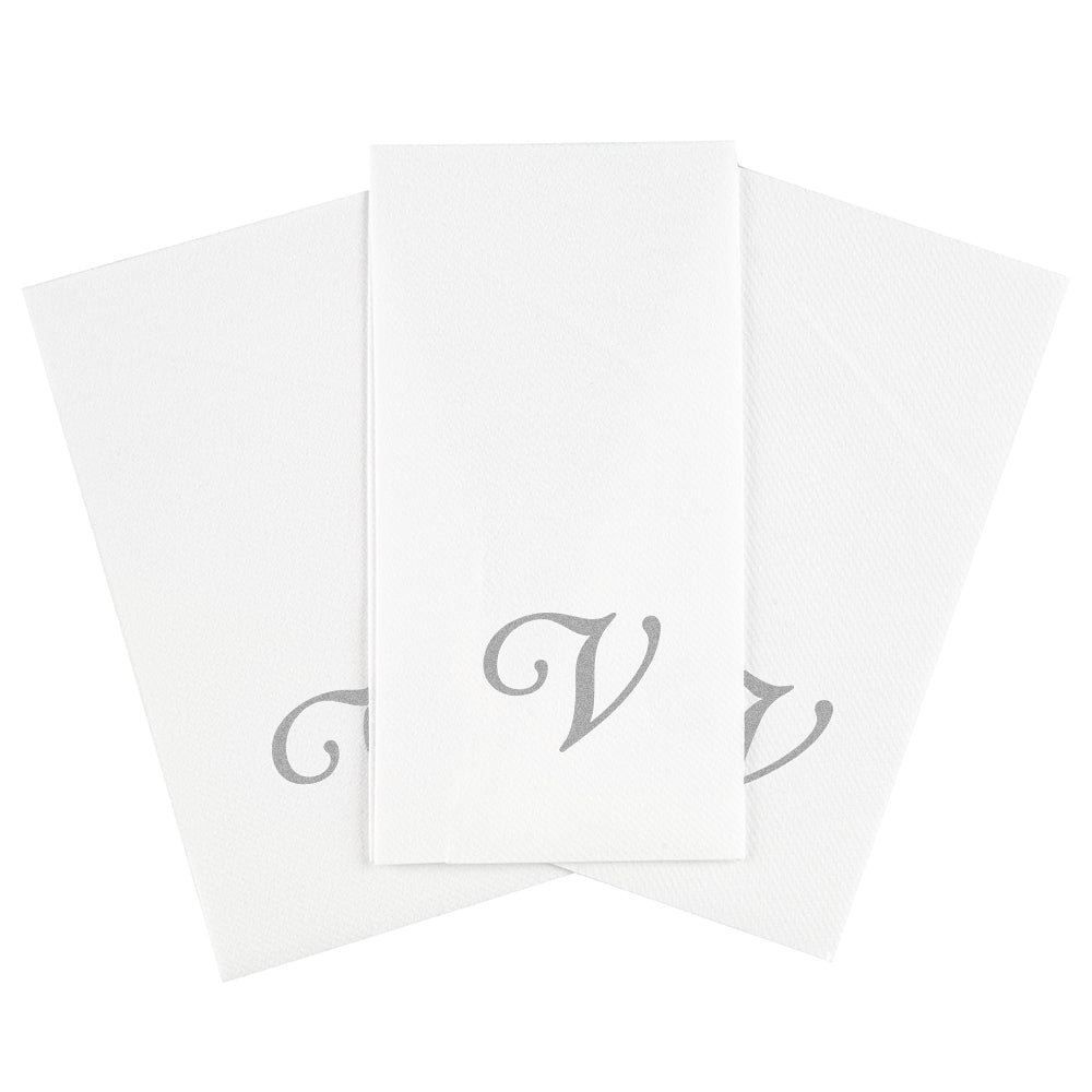 Luxenap Rectangle Silver Letter V White Paper Linen-Feel Guest Towel / Napkin - Air Laid, Cursive Font - 15 3/4" x 8" - 50 count box