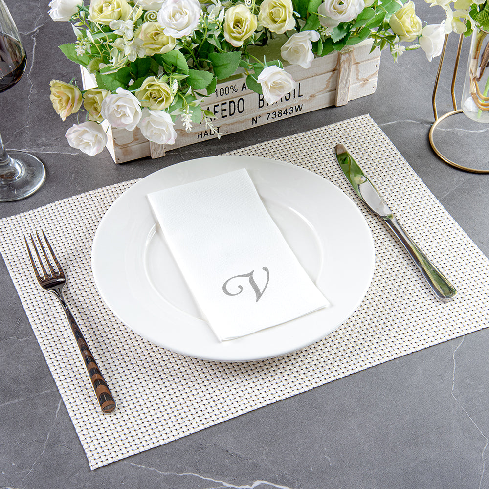 Luxenap Rectangle Silver Letter V White Paper Linen-Feel Guest Towel / Napkin - Air Laid, Cursive Font - 15 3/4" x 8" - 50 count box