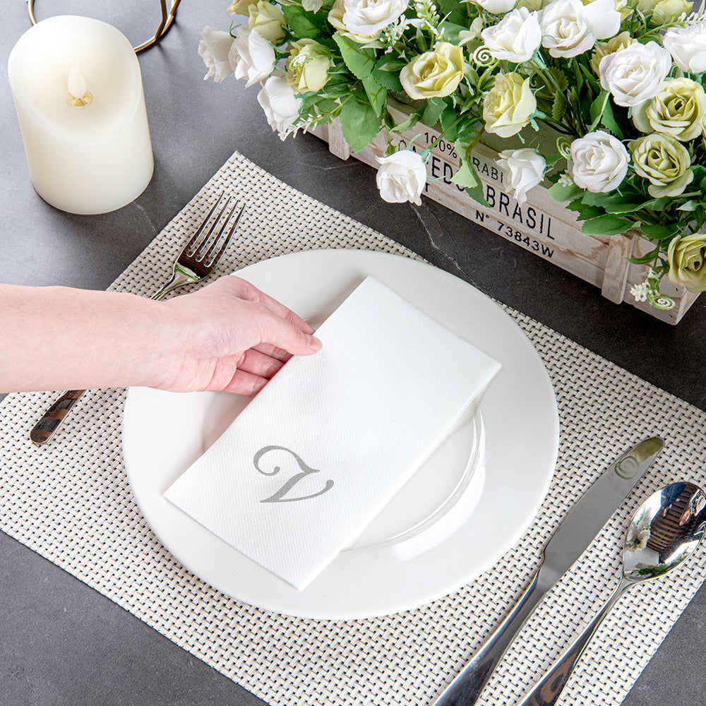 Luxenap Rectangle Silver Letter V White Paper Linen-Feel Guest Towel / Napkin - Air Laid, Cursive Font - 15 3/4" x 8" - 50 count box