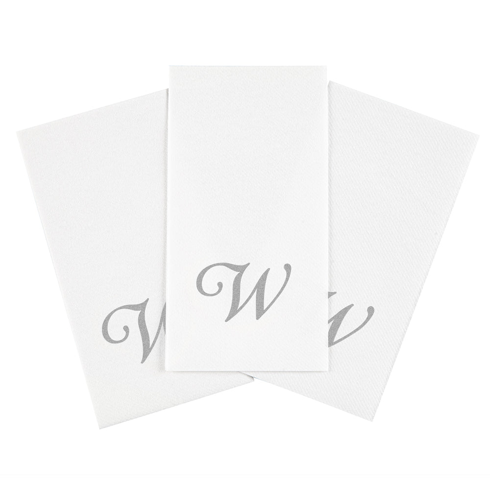 Luxenap Rectangle Silver Letter W White Paper Linen-Feel Guest Towel / Napkin - Air Laid, Cursive Font - 15 3/4" x 8" - 50 count box