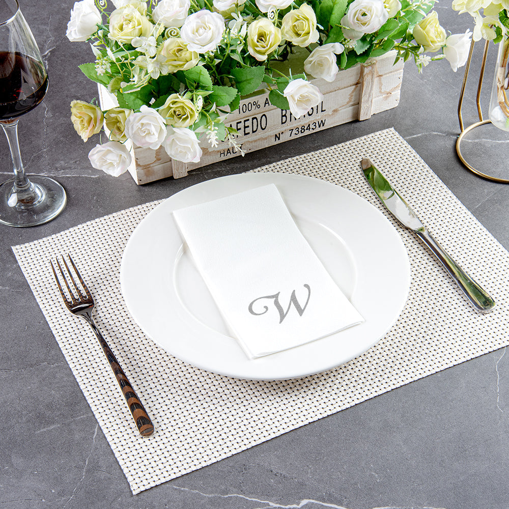 Luxenap Rectangle Silver Letter W White Paper Linen-Feel Guest Towel / Napkin - Air Laid, Cursive Font - 15 3/4" x 8" - 50 count box