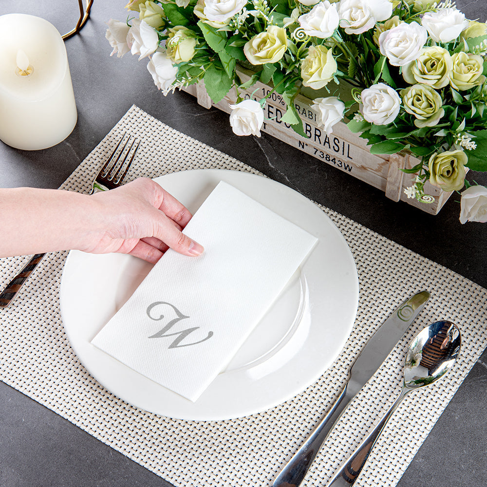 Luxenap Rectangle Silver Letter W White Paper Linen-Feel Guest Towel / Napkin - Air Laid, Cursive Font - 15 3/4" x 8" - 2000 count box