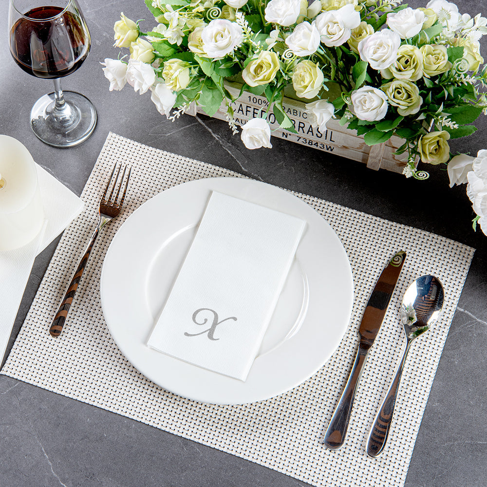 Luxenap Rectangle Silver Letter X White Paper Linen-Feel Guest Towel / Napkin - Air Laid, Cursive Font - 15 3/4" x 8" - 50 count box