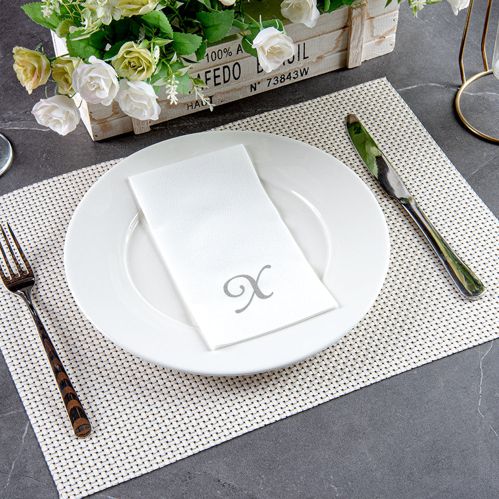 Luxenap Rectangle Silver Letter X White Paper Linen-Feel Guest Towel / Napkin - Air Laid, Cursive Font - 15 3/4" x 8" - 2000 count box