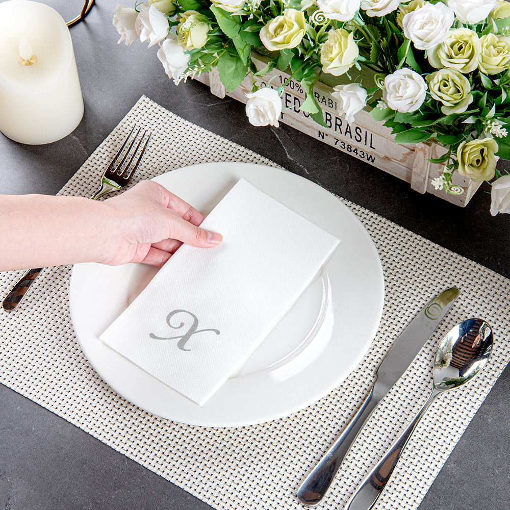 Luxenap Rectangle Silver Letter X White Paper Linen-Feel Guest Towel / Napkin - Air Laid, Cursive Font - 15 3/4" x 8" - 2000 count box