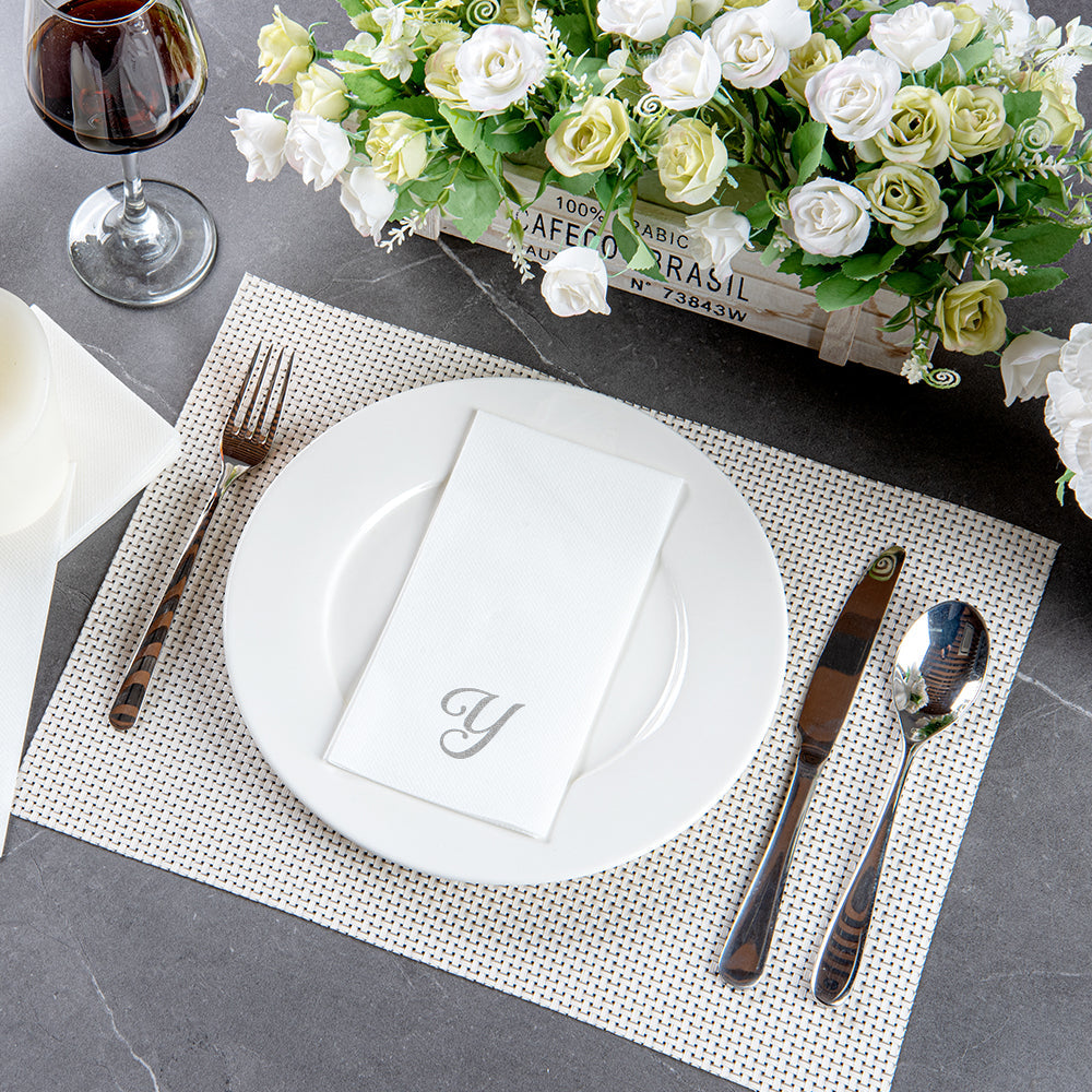 Luxenap Rectangle Silver Letter Y White Paper Linen-Feel Guest Towel / Napkin - Air Laid, Cursive Font - 15 3/4" x 8" - 50 count box