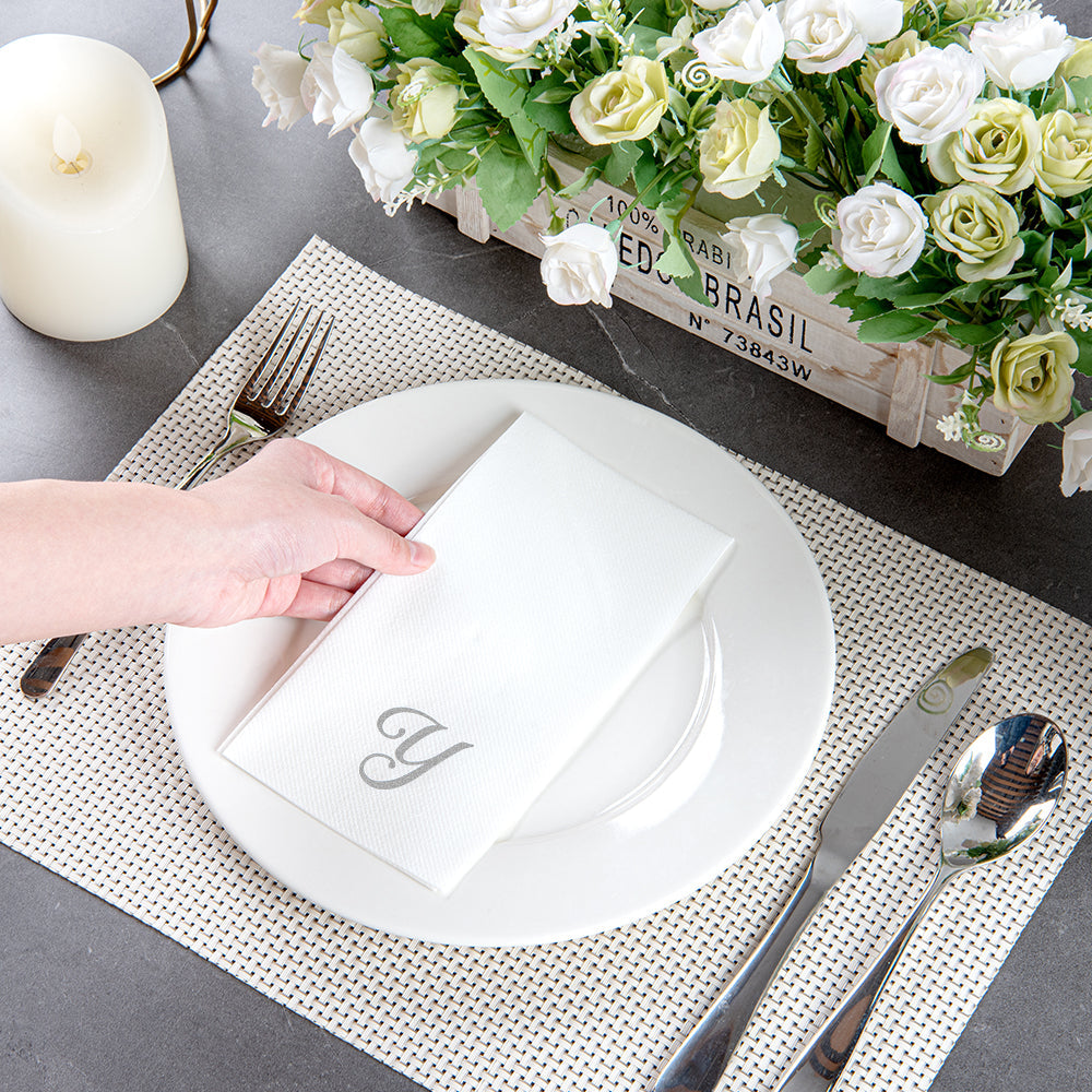 Luxenap Rectangle Silver Letter Y White Paper Linen-Feel Guest Towel / Napkin - Air Laid, Cursive Font - 15 3/4" x 8" - 2000 count box