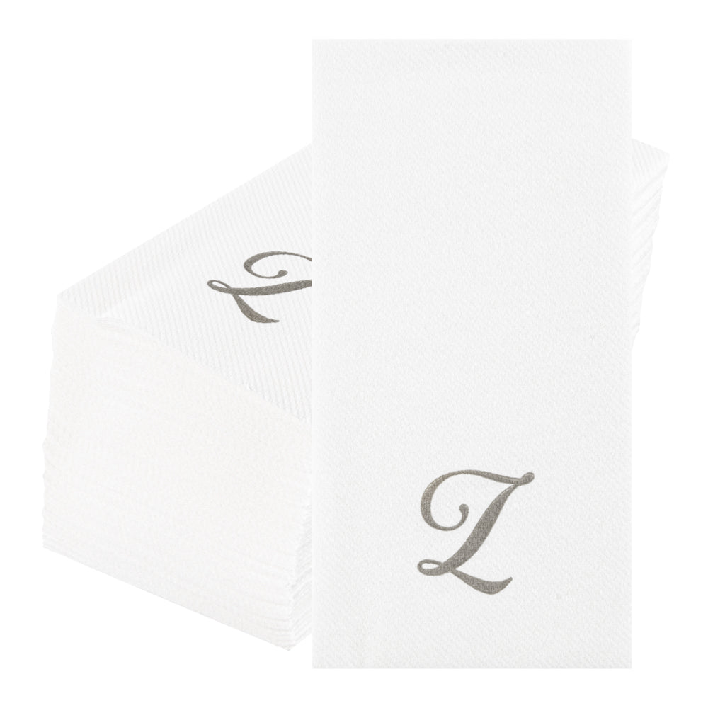 Luxenap Rectangle Silver Letter Z White Paper Linen-Feel Guest Towel / Napkin - Air Laid, Cursive Font - 15 3/4" x 8" - 50 count box